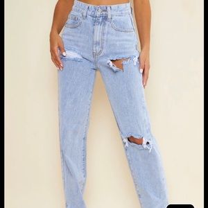 Bleach Wash Ripped Split Hem Jeans